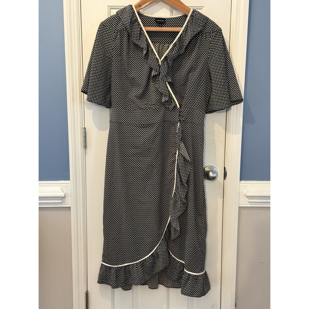 WHO WHAT WEAR Black White Polka Dot Ruffle Wrap Midi Dress L Classic church